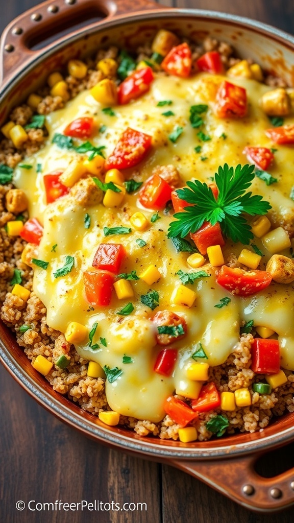 Savory Baked Quinoa Casserole Baked quinoa casserole with cheese and vegetables in a rustic dish, garnished with parsley.
